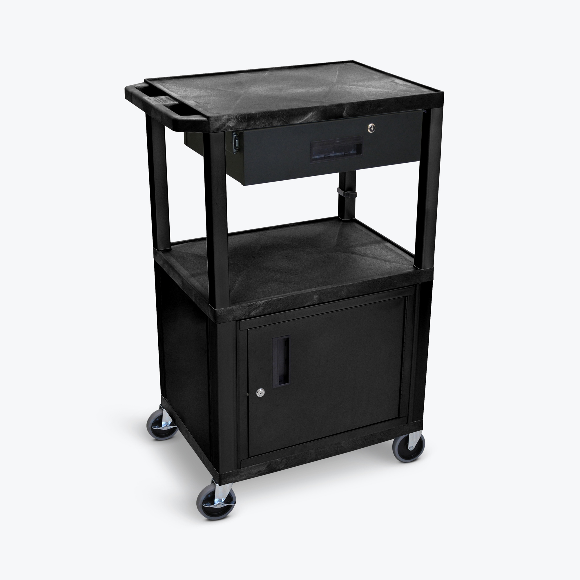 Luxor 42in.H AV Cart - 3 Shelves/Cab Drawer, Total Capacity 400 lb, Model# WT42C2-B/WTD